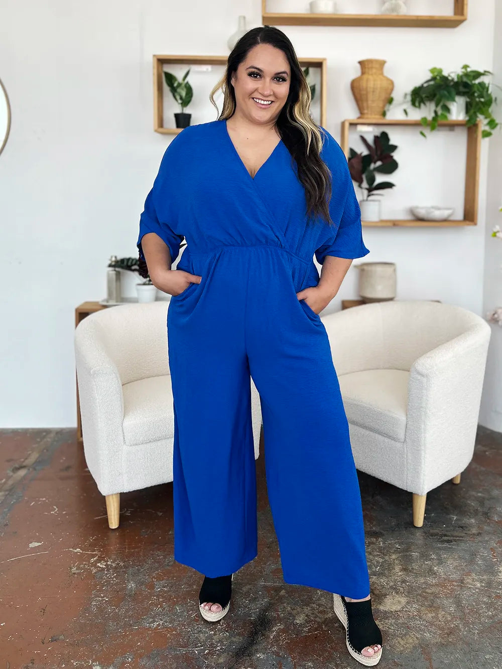Double Take Full Size Surplice Wide Leg Jumpsuit with Pockets - Modanista Fashion
