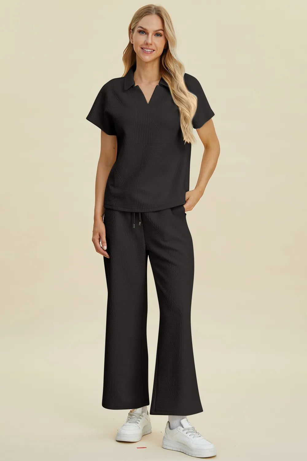 Double Take Full Size Collared Neck Short Sleeve Top and Pants Set - Modanista Fashion