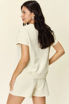 Double Take Full Size Texture Short Sleeve T-Shirt and Drawstring Shorts Set - Modanista Fashion