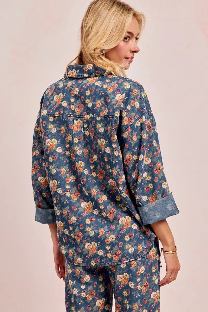 BiBi Washed Floral Print Denim Jacket - Modanista Fashion