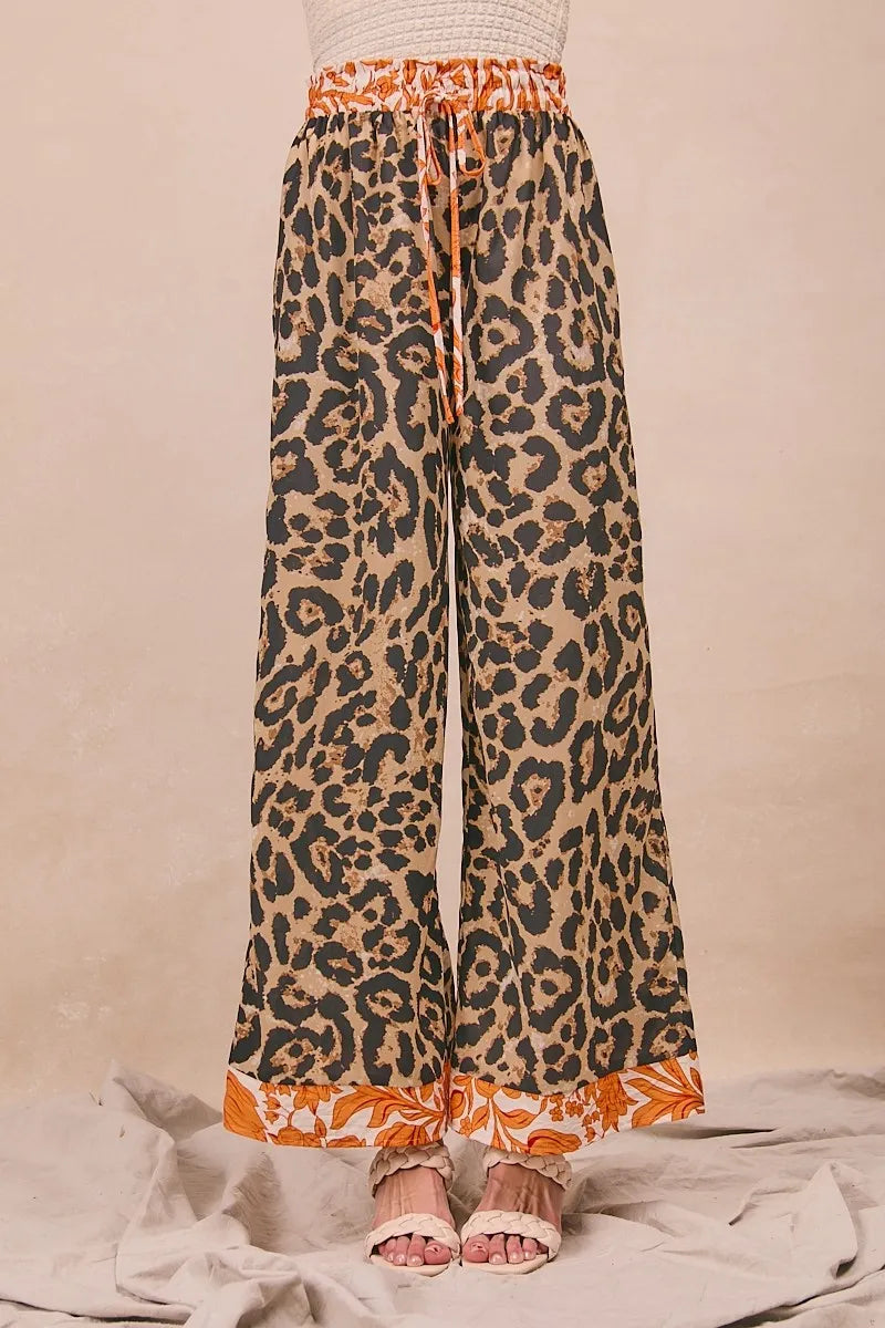 BiBi Leopard Print With Contrast Banded Wide Pants - Modanista Fashion