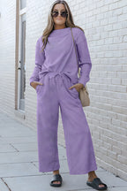 Dobbelt ta full størrelse teksturert langermet topp og snor bukser sett