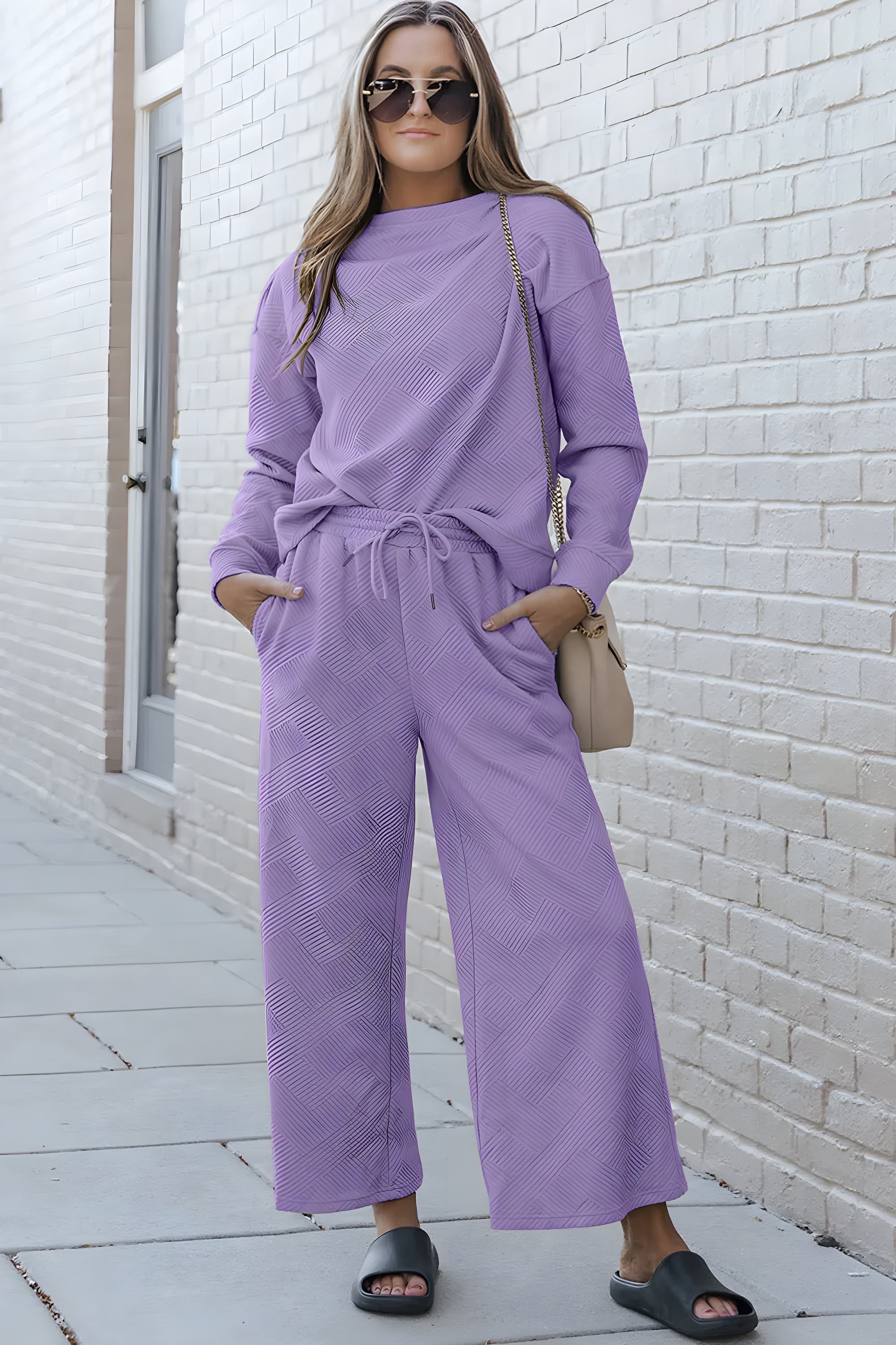 Dobbelt ta full størrelse teksturert langermet topp og snor bukser sett