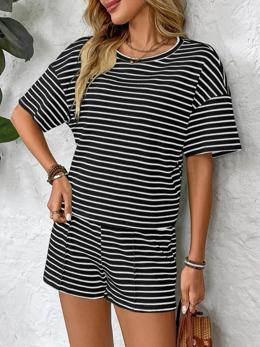 Striped Round Neck Short Sleeve Top and Shorts Set - Modanista Fashion