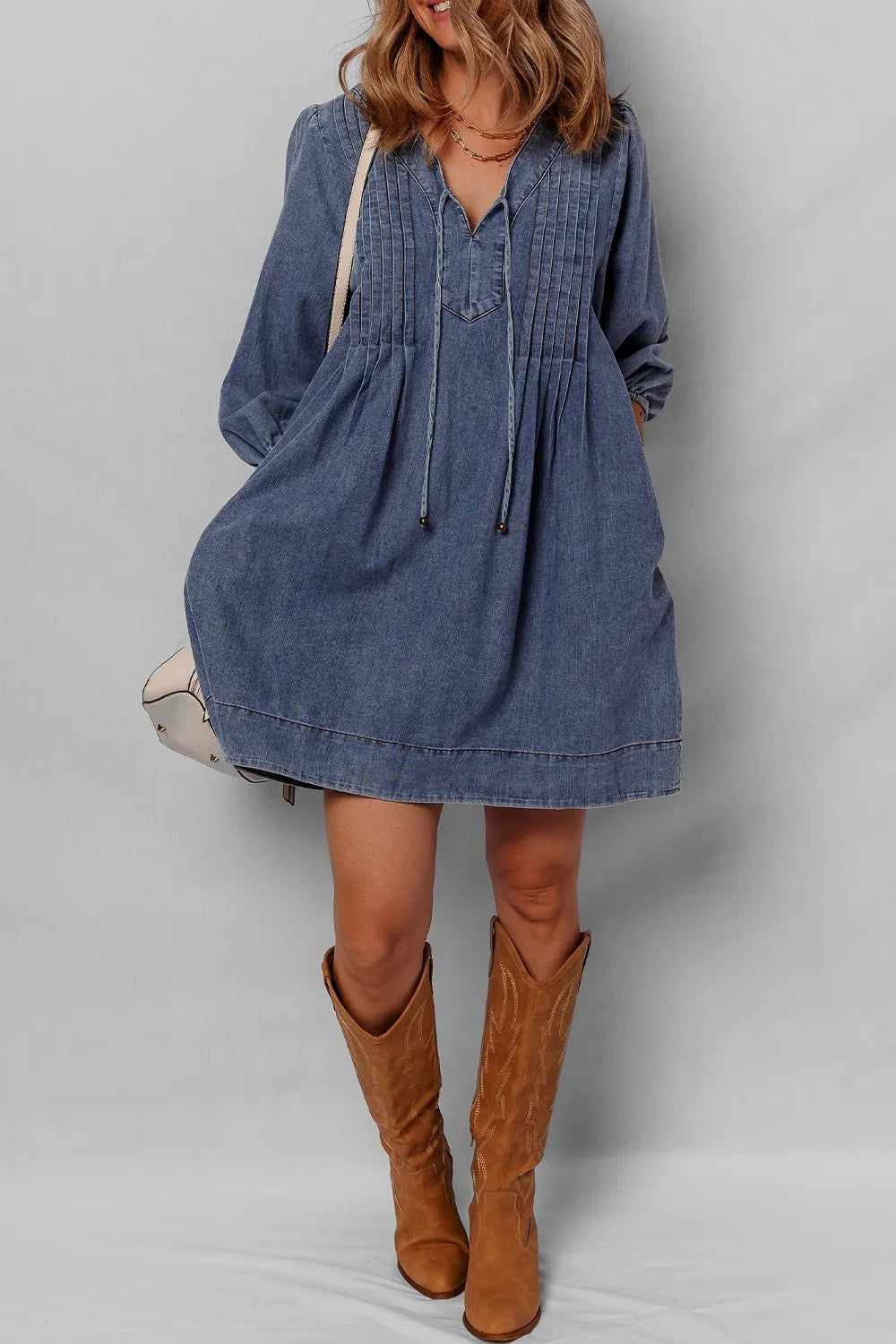Tie Neck Long Sleeve Mini Denim Dress - Modanista Fashion