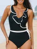 Ruffle Trim V-Neck One-Piece Swimsuit - Modanista Fashion
