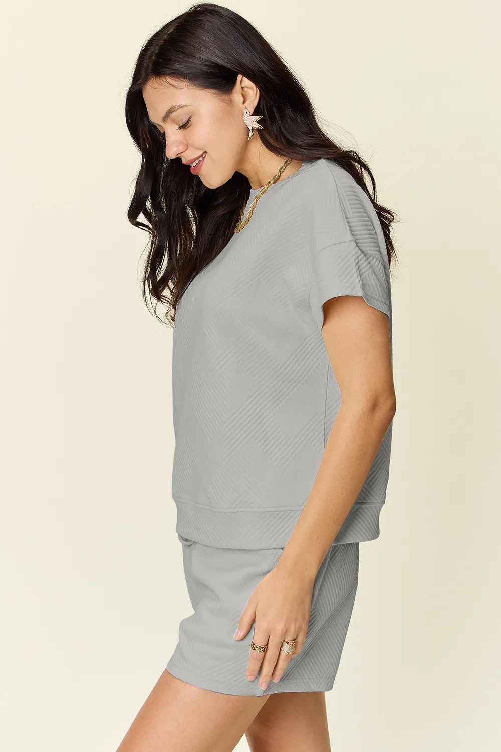 Double Take Full Size Texture Short Sleeve T-Shirt and Drawstring Shorts Set - Modanista Fashion