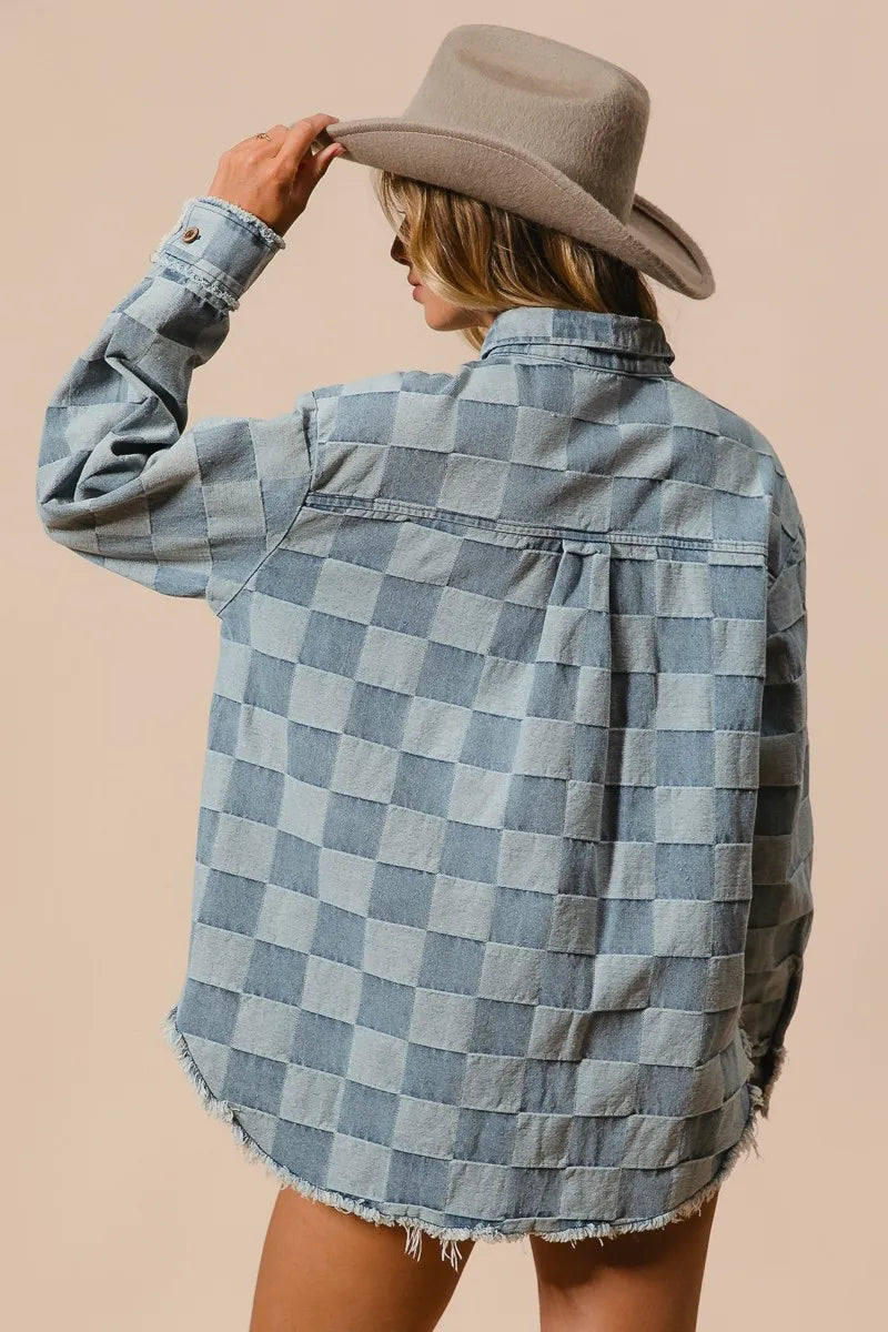 BiBi Frayed Edged Detail Washed Checker Denim Shirt - Modanista Fashion