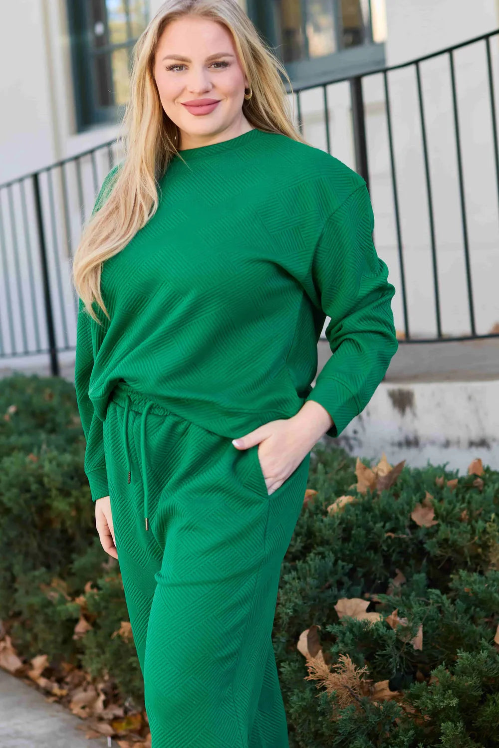Double Take Full Size Textured Long Sleeve Top and Drawstring Pants Set - Modanista Fashion