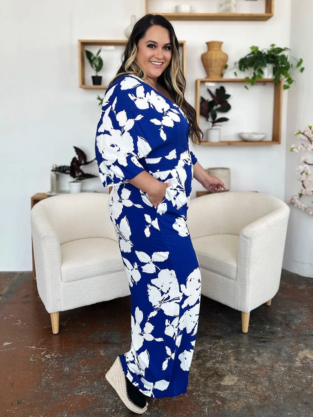 Double Take Full Size Printed Tie Back Wide Leg Jumpsuit - Modanista Fashion