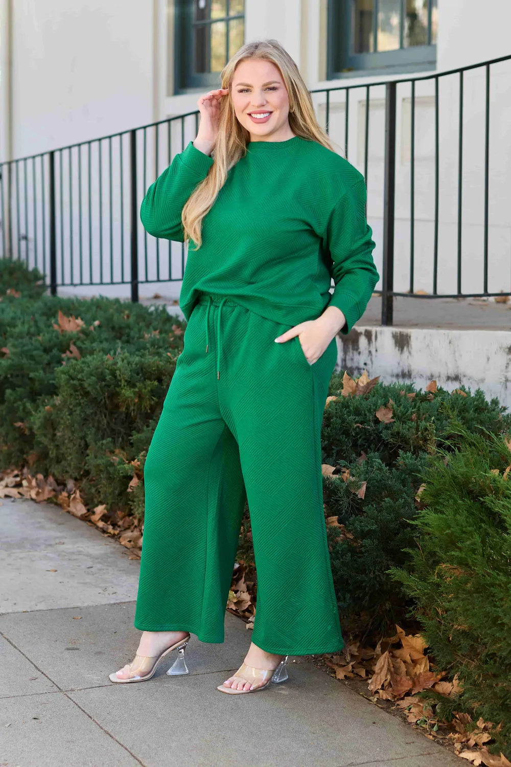 Double Take Full Size Textured Long Sleeve Top and Drawstring Pants Set - Modanista Fashion