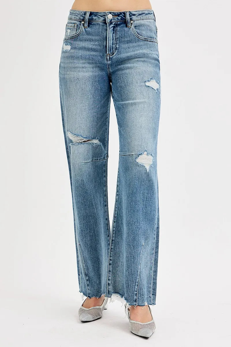RISEN Full Size Mid Rise Fit Wide Baggy Leg Tie Washed Jeans Plus Size - Modanista Fashion