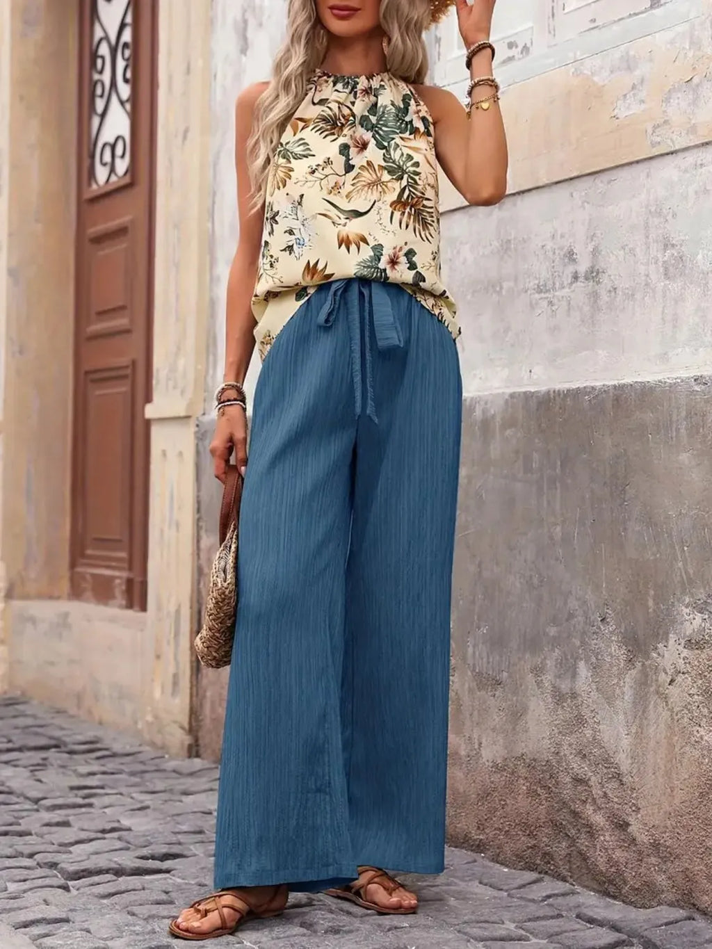 Printed Tank Top and Wide Leg Pants Set - Modanista Fashion