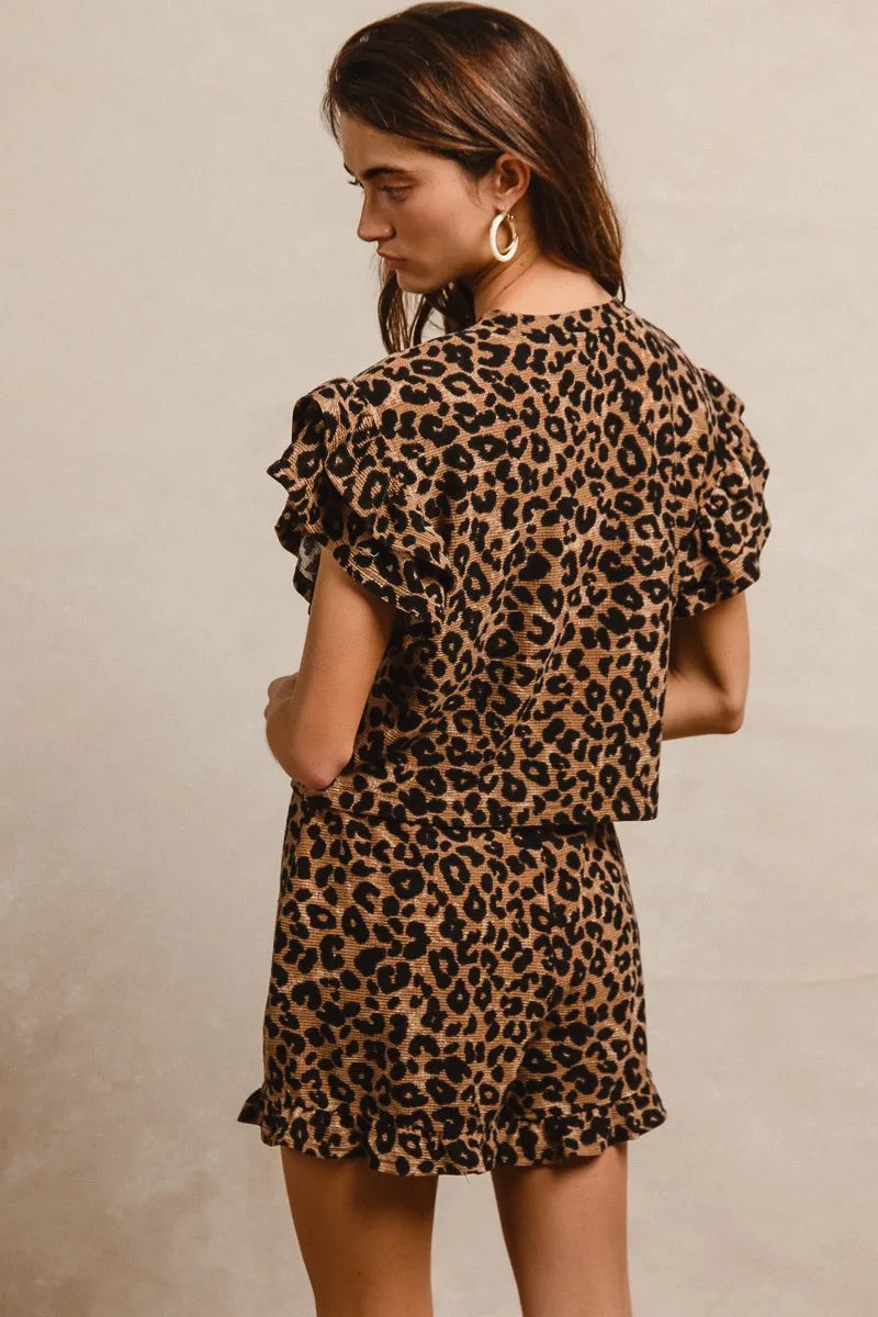 BiBi Leopard Print Waffle Texture Layered Ruffle Sleeve Top and Shorts Set - Modanista Fashion