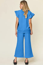 Double Take Texture Ruffle Short Sleeve Top and Drawstring Wide Leg Pants Set - Modanista Fashion