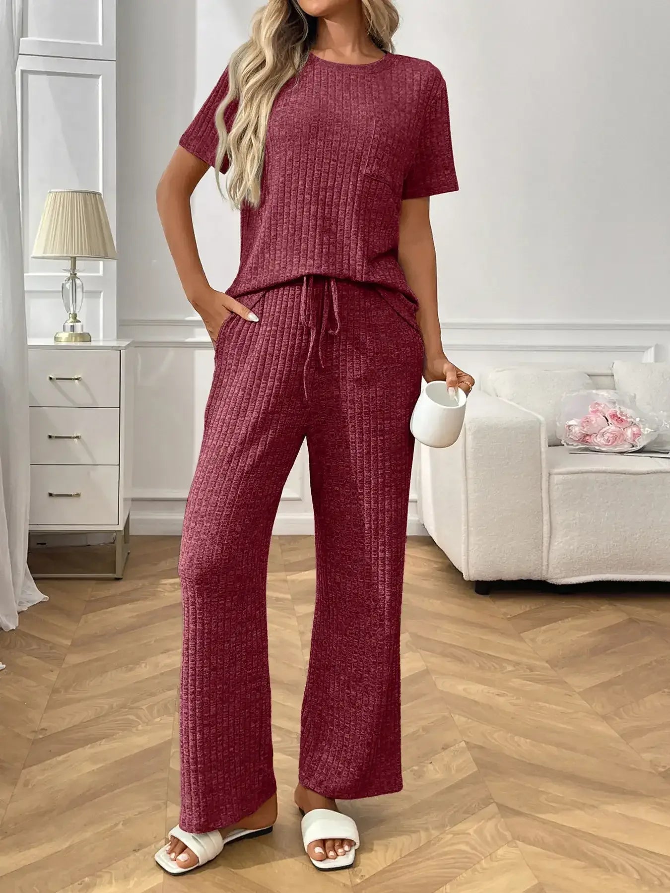Ribbed Knit Short Sleeve Top and Pants Lounge Set - Modanista Fashion