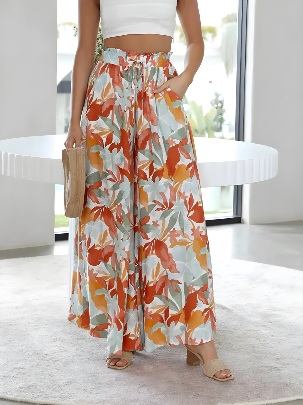 Šňůrkový pasový pasový pas vytištěné široké nohy kalhoty