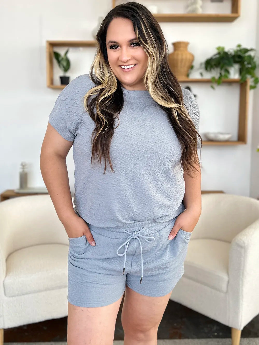 Double Take Full Size Texture Short Sleeve T-Shirt and Drawstring Shorts Set - Modanista Fashion