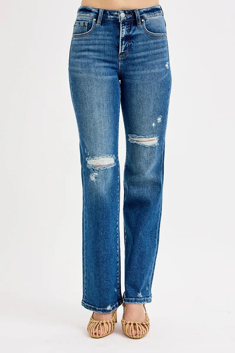 RISEN Full Size Tummy Control High Rise Straight Distressed Jeans Plus Size - Modanista Fashion