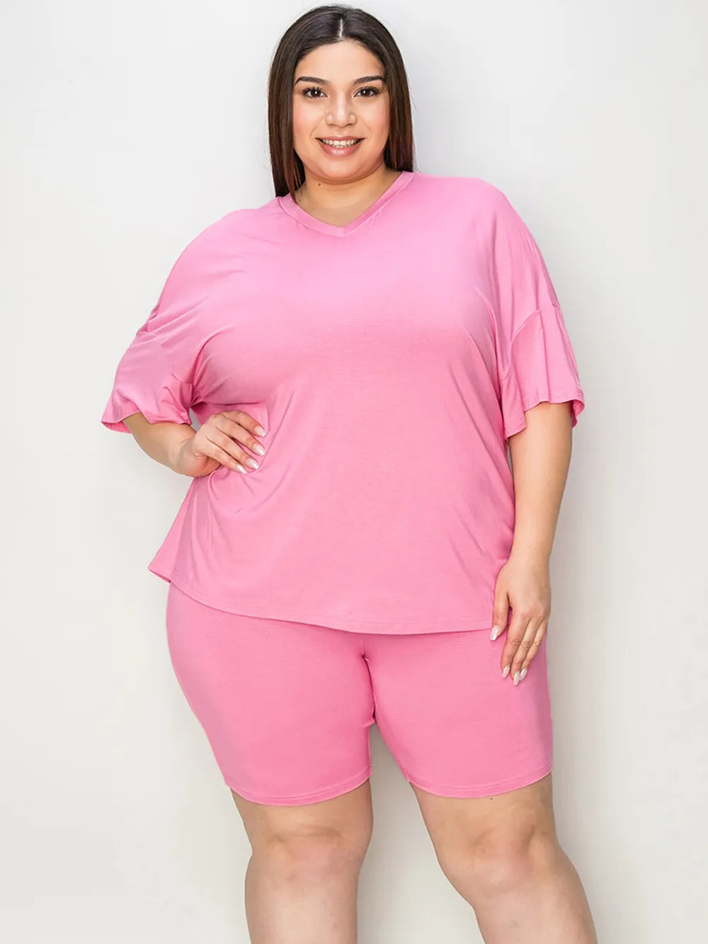 Basic Bae Full Size V-Neck Drop Shoulder T-Shirt and Shorts Set - Modanista Fashion
