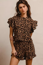 Bibi Leopard Print Waffle Texture Layered Ruffle Sleeve Top and Shorts Set