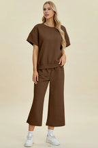 Double Take Full Size Texture Round Neck Top and Pants Set - Modanista Fashion