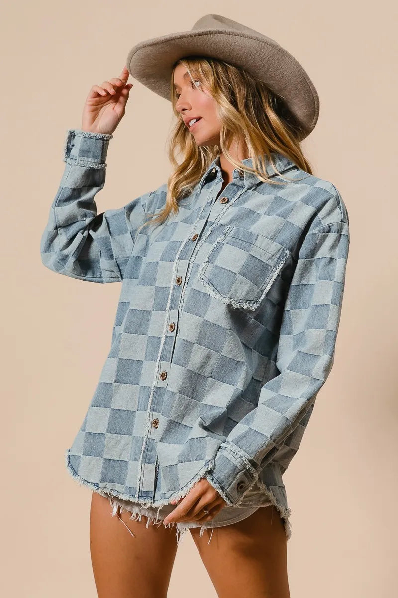 BiBi Frayed Edged Detail Washed Checker Denim Shirt - Modanista Fashion