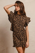 BiBi Leopard Print Waffle Texture Layered Ruffle Sleeve Top and Shorts Set - Modanista Fashion