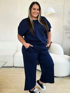 Double Take Full Size Texture Short Sleeve Top and Pants Set - Modanista Fashion