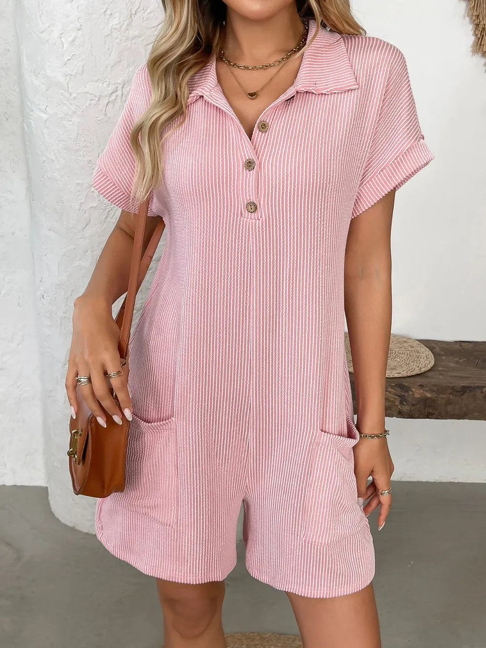 Button Detail Collared Neck Short Sleeve Romper - Modanista Fashion