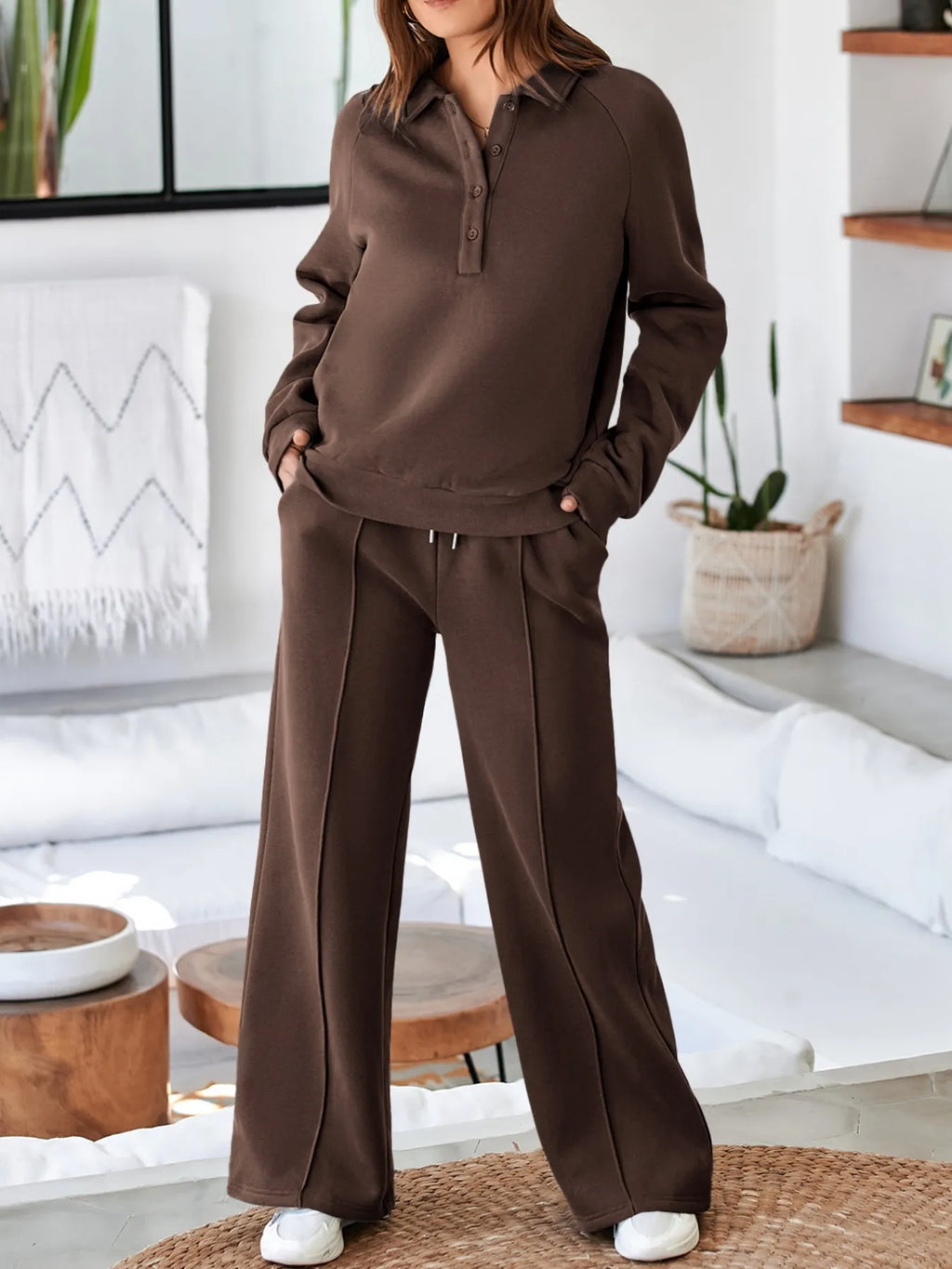 Collared Sweatshirt and High Waist Pants Active Set - Modanista Fashion
