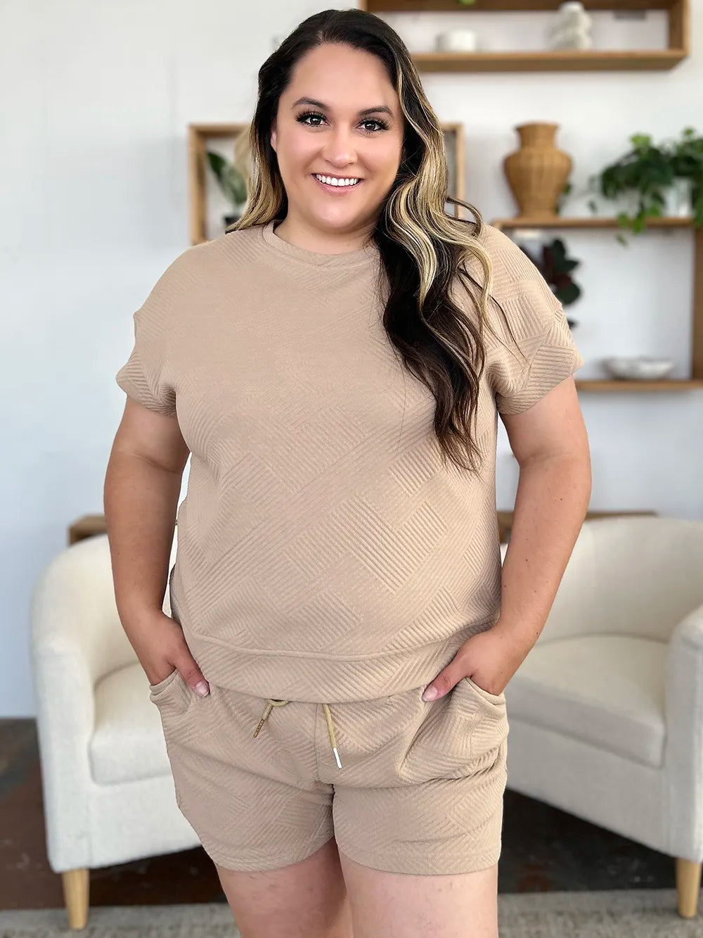Double Take Full Size Texture Short Sleeve T-Shirt and Drawstring Shorts Set - Modanista Fashion