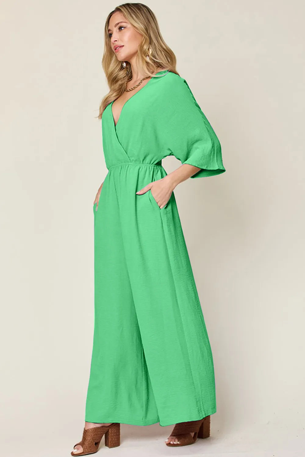 Double Take Full Size Surplice Wide Leg Jumpsuit with Pockets - Modanista Fashion
