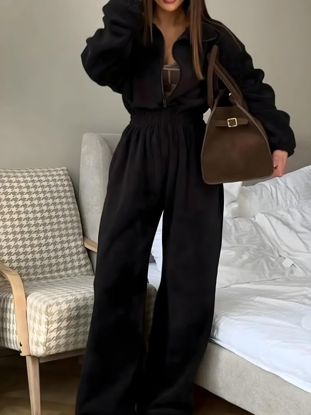 Zip front långärmad jumpsuit