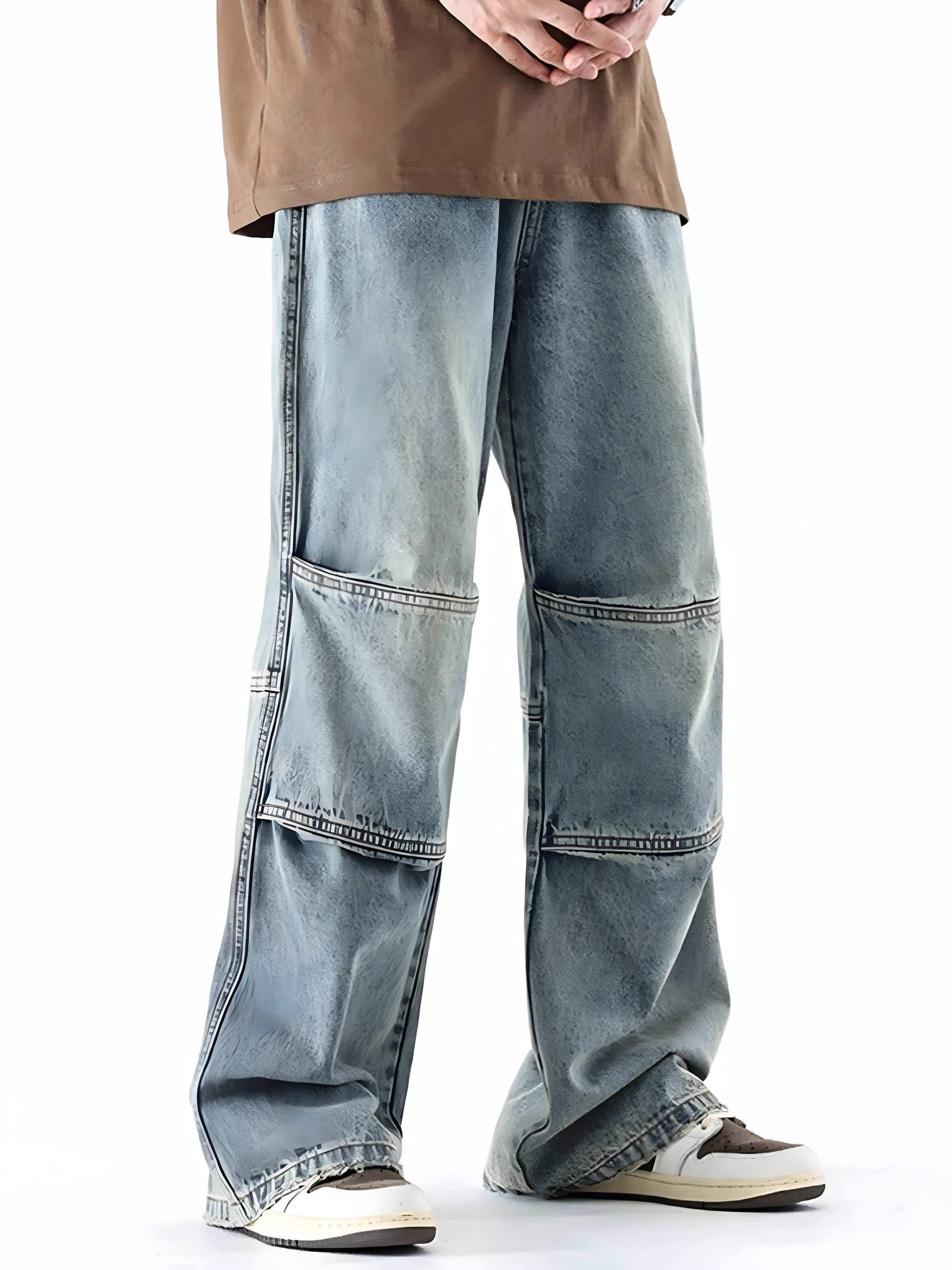 Men’s Vintage Wide-Leg Utility Jeans with Multi-Panel Design