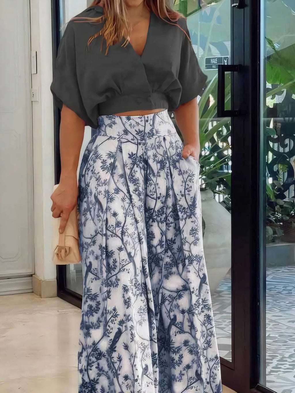 Surplice Top and High Waist Pants Set - Modanista Fashion