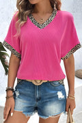 V-Neck Leopard Trim Ribbed Blouse for Women - Modanista Fashion