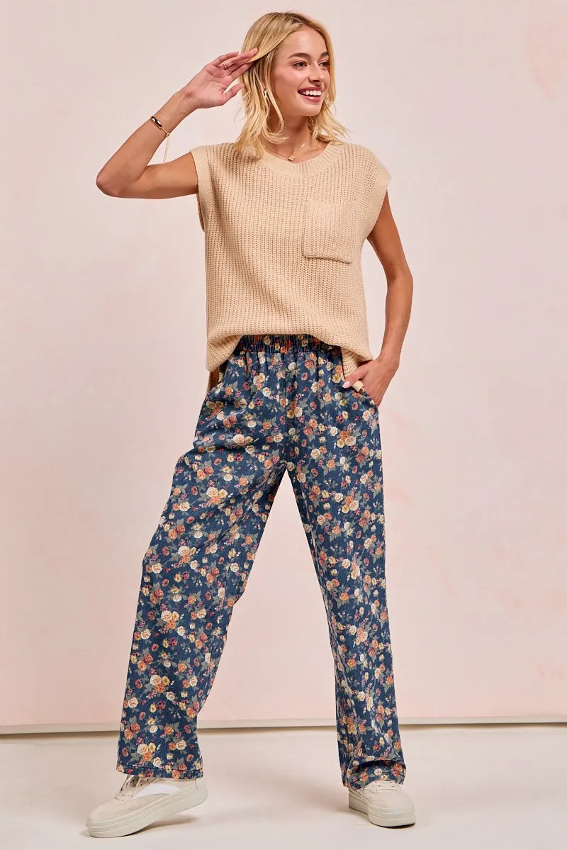 BiBi Washed Floral Print Wide Leg Jeans - Modanista Fashion