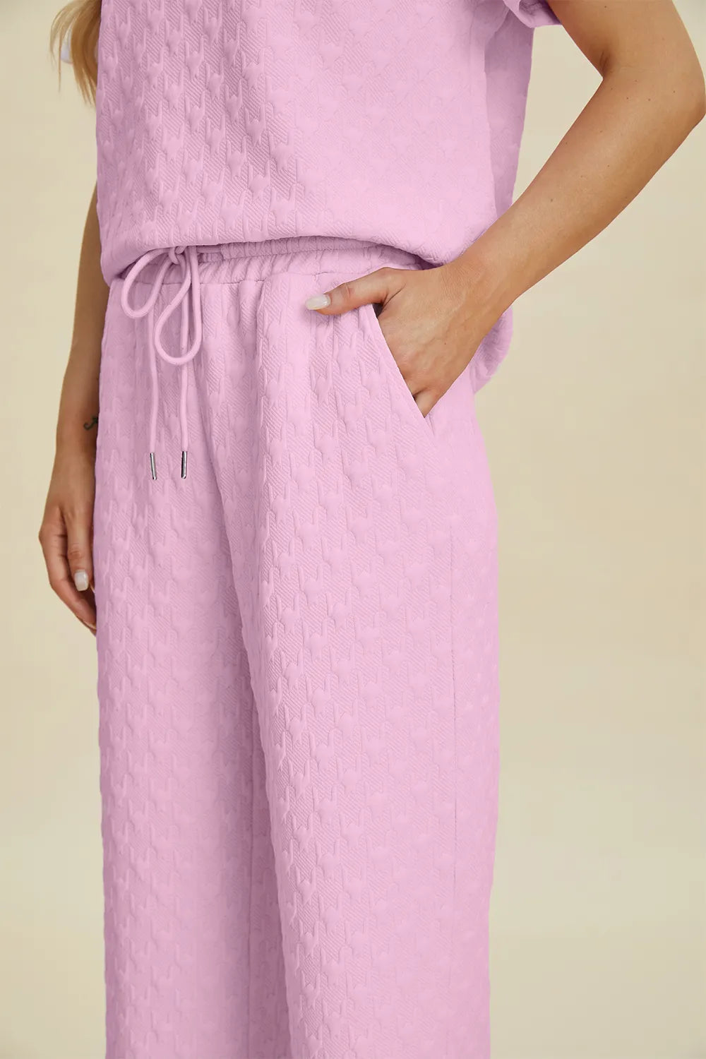Double Take Full Size Texture Round Neck Short Sleeve Top and Pants Set - Modanista Fashion