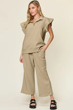 Double Take Texture Ruffle Short Sleeve Top and Drawstring Wide Leg Pants Set - Modanista Fashion