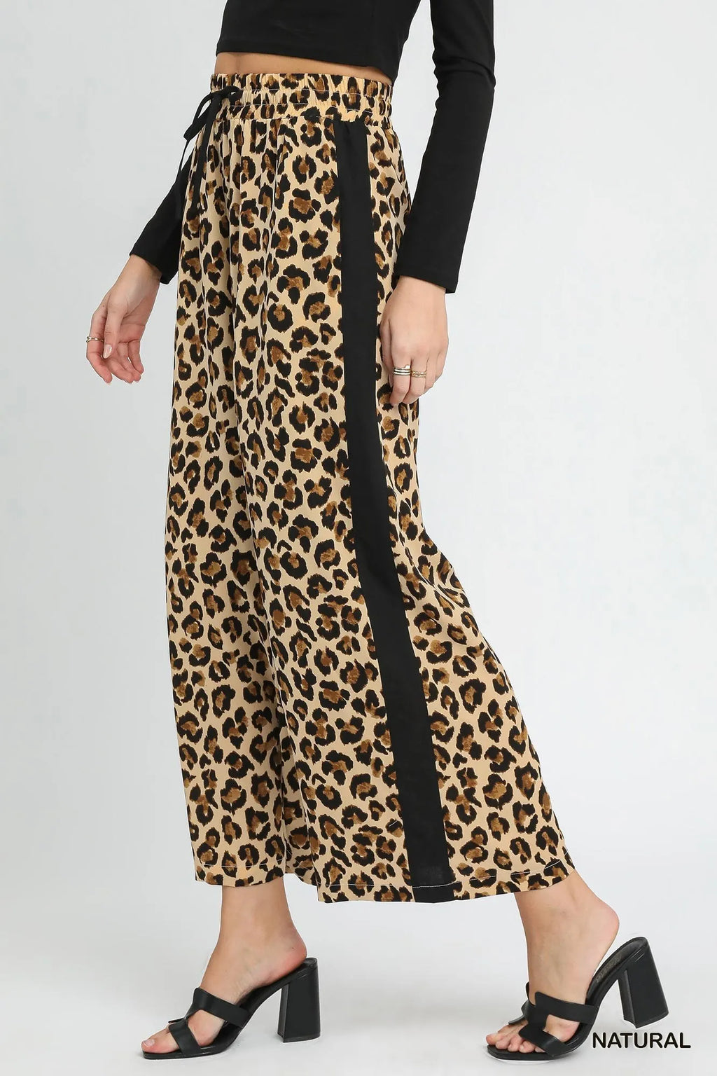 Umgee Leopard Print Wide-Leg Drawstring Pants - Modanista Fashion