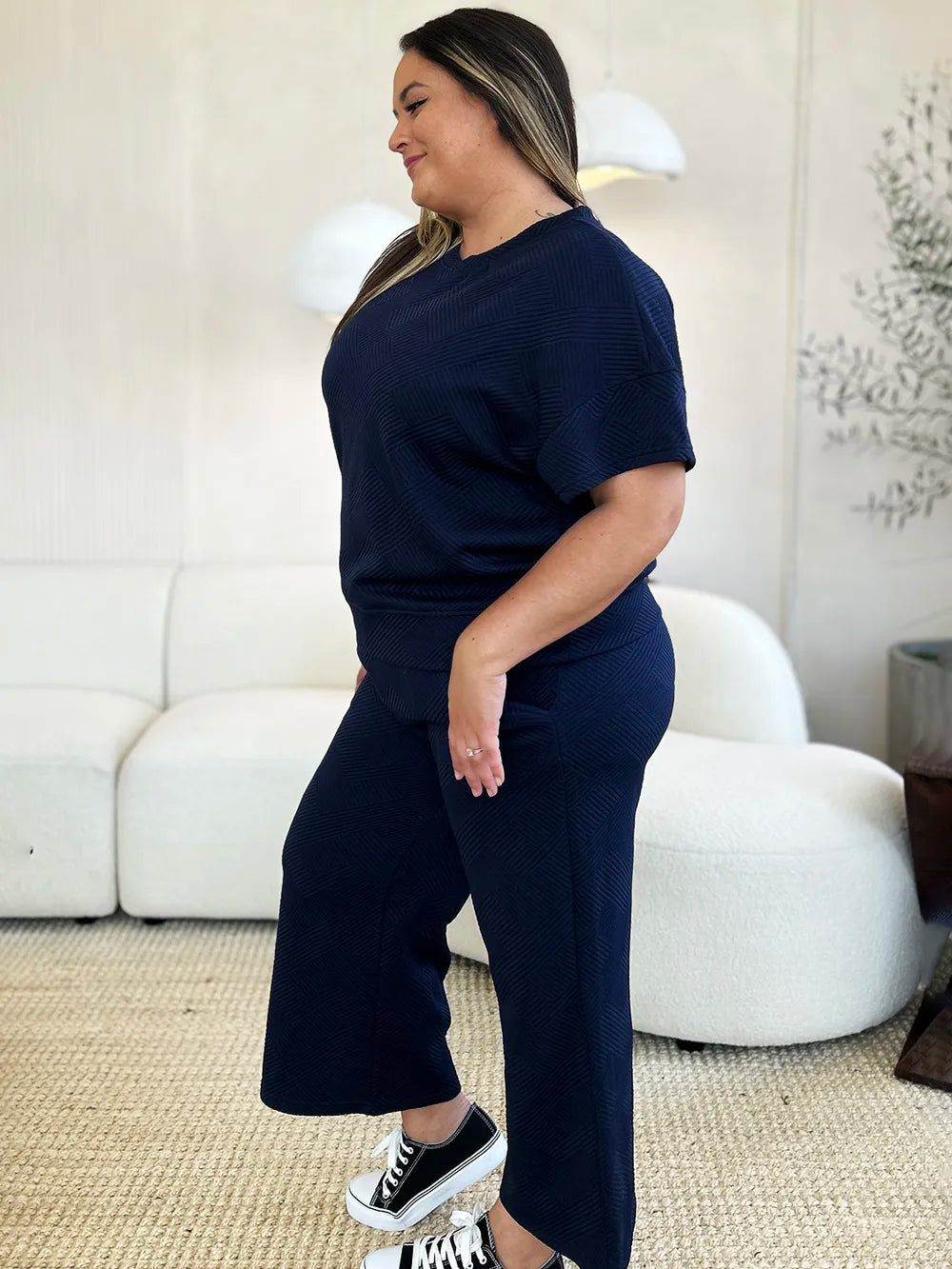 Double Take Full Size Texture Short Sleeve Top and Pants Set - Modanista Fashion
