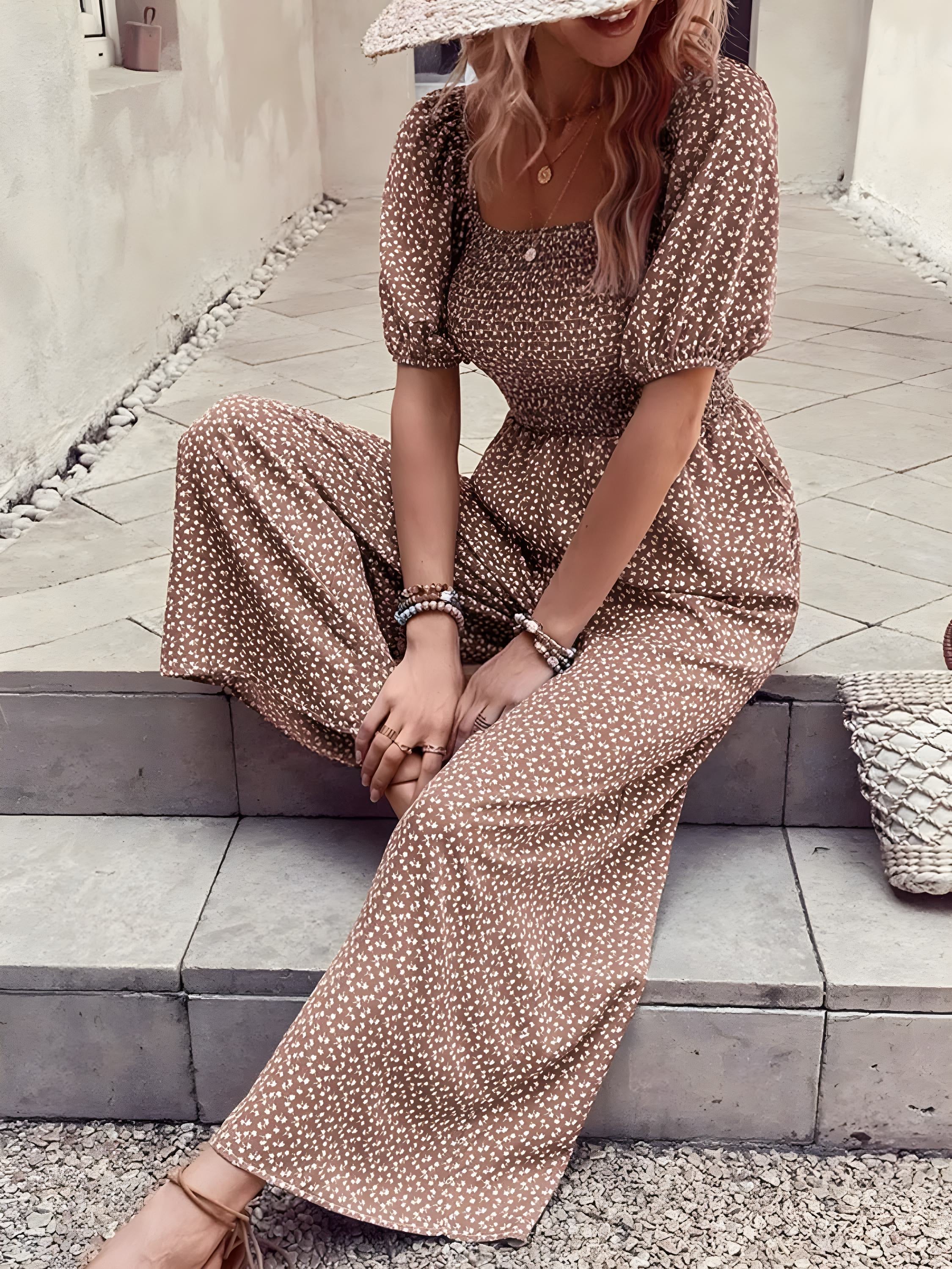 Tryckt fyrkantig nacke puffhylsa jumpsuit