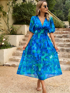 Midi -jurk met gedrukte puff mouw