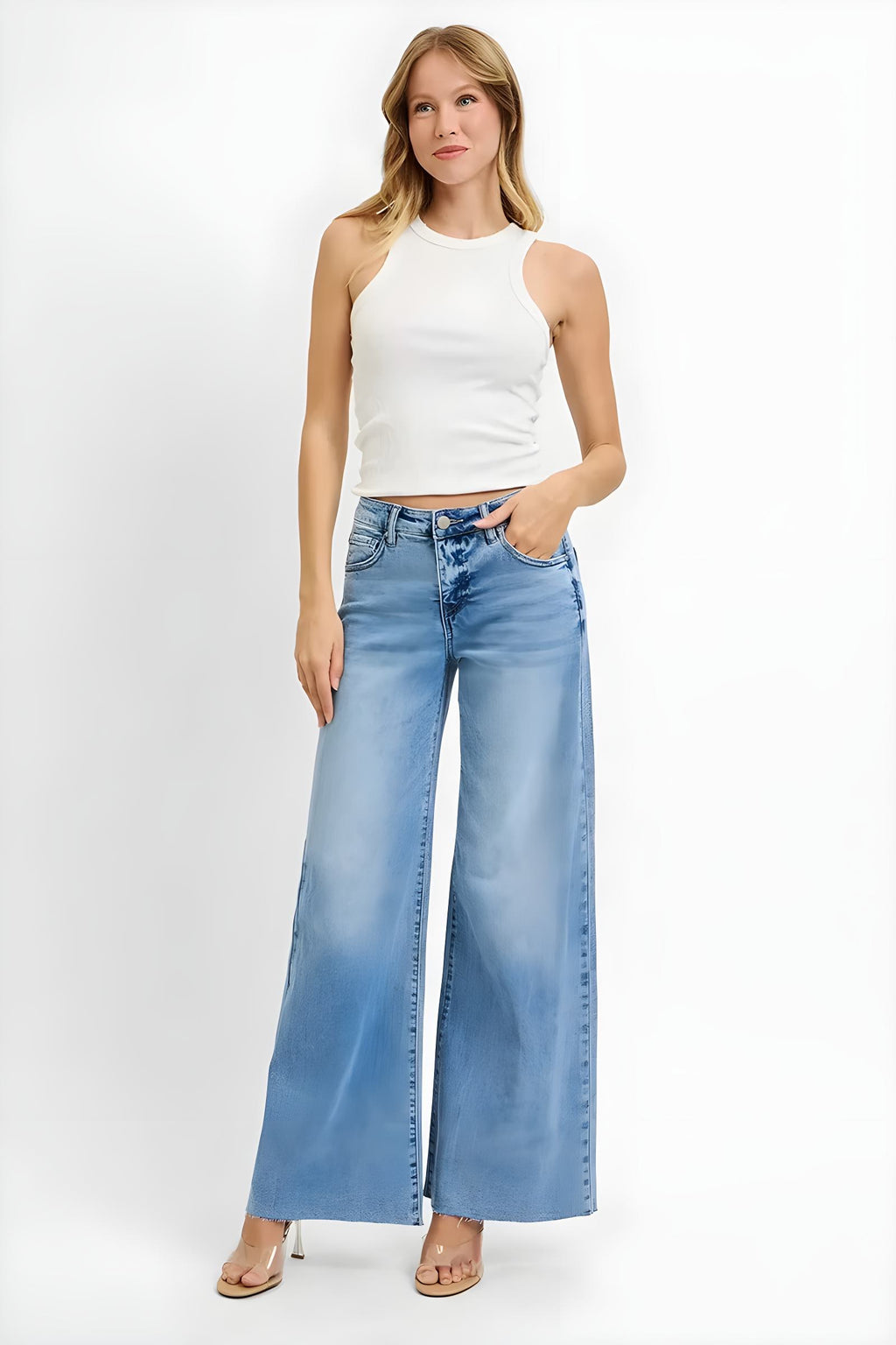 Opgestane buikbesturing met veel siemen High Rise enkel palazzo jeans plus size size