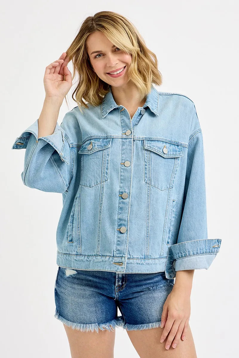 RISEN Washed Dropped Shoulder Denim Jacket - Modanista Fashion