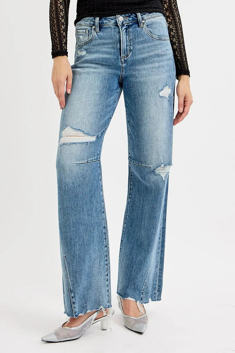 RISEN Full Size Mid Rise Fit Wide Baggy Leg Tie Washed Jeans Plus Size - Modanista Fashion