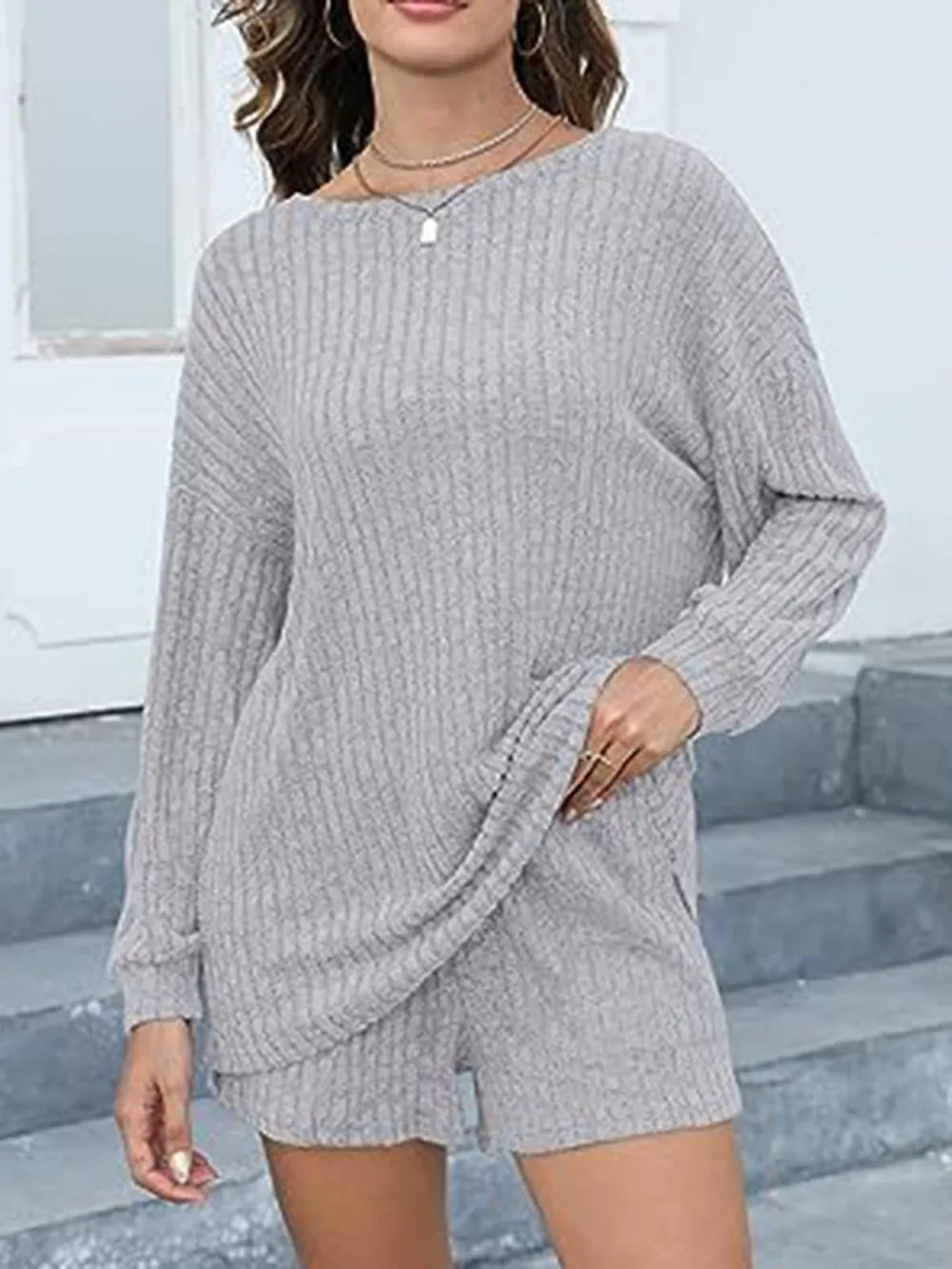 Round Neck Dropped Shoulder Top and Shorts Set - Modanista Fashion