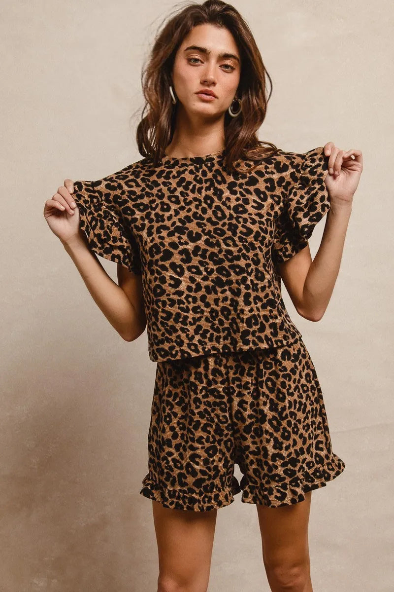 BiBi Leopard Print Waffle Texture Layered Ruffle Sleeve Top and Shorts Set - Modanista Fashion