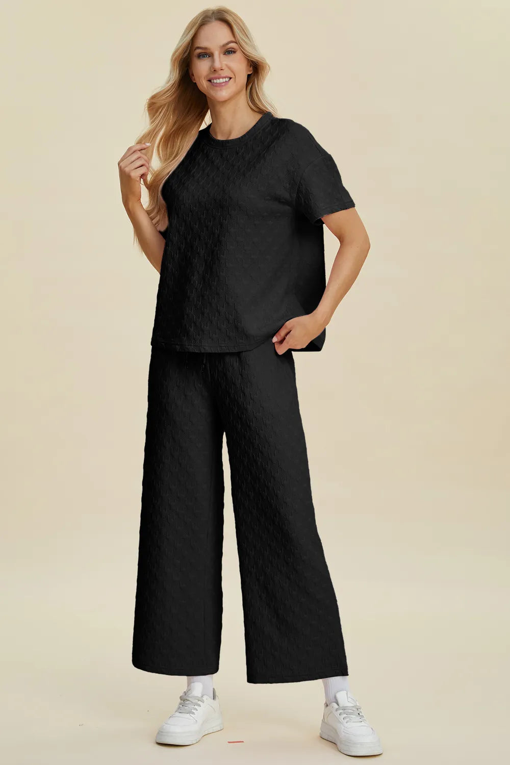 Double Take Full Size Texture Round Neck Short Sleeve Top and Pants Set - Modanista Fashion